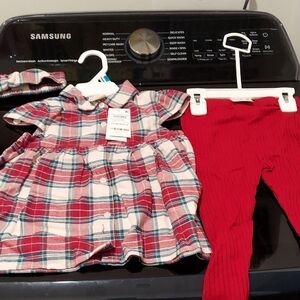 Macy's First Impressions Plaid Dress and Red Leggings Set
